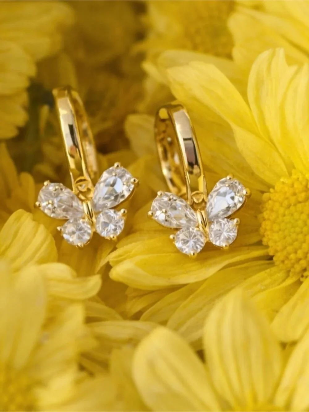 Gold Butterfly Hoop Earrings with Clear Crystals